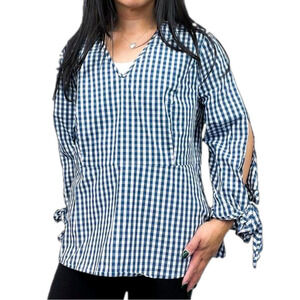 Universal Standard for J. Crew NWT Blue White Gingham Tie Sleeve Cutout Shirt